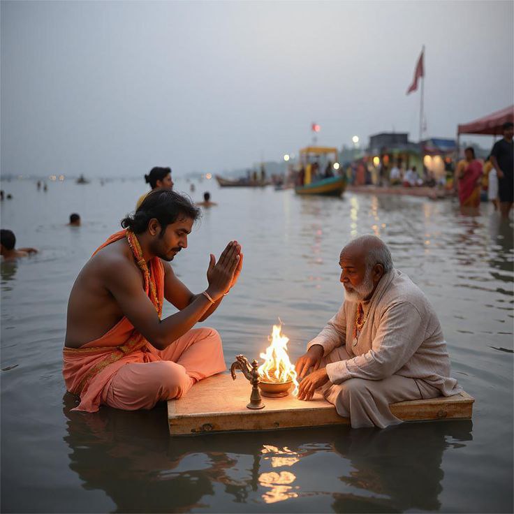 A devotee participating in a sacred ritual at Prayagraj